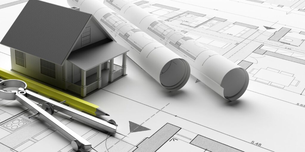 House model on blueprints background, engineer contractor office. 3d illustration